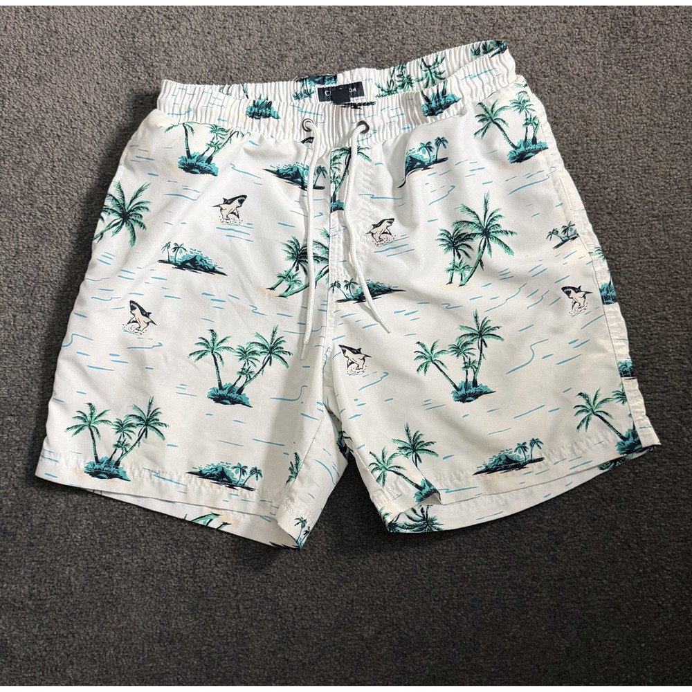 Club Room Mens Small White Tropical Shark Palm Tree Swim Trunks Mesh Lined 6in